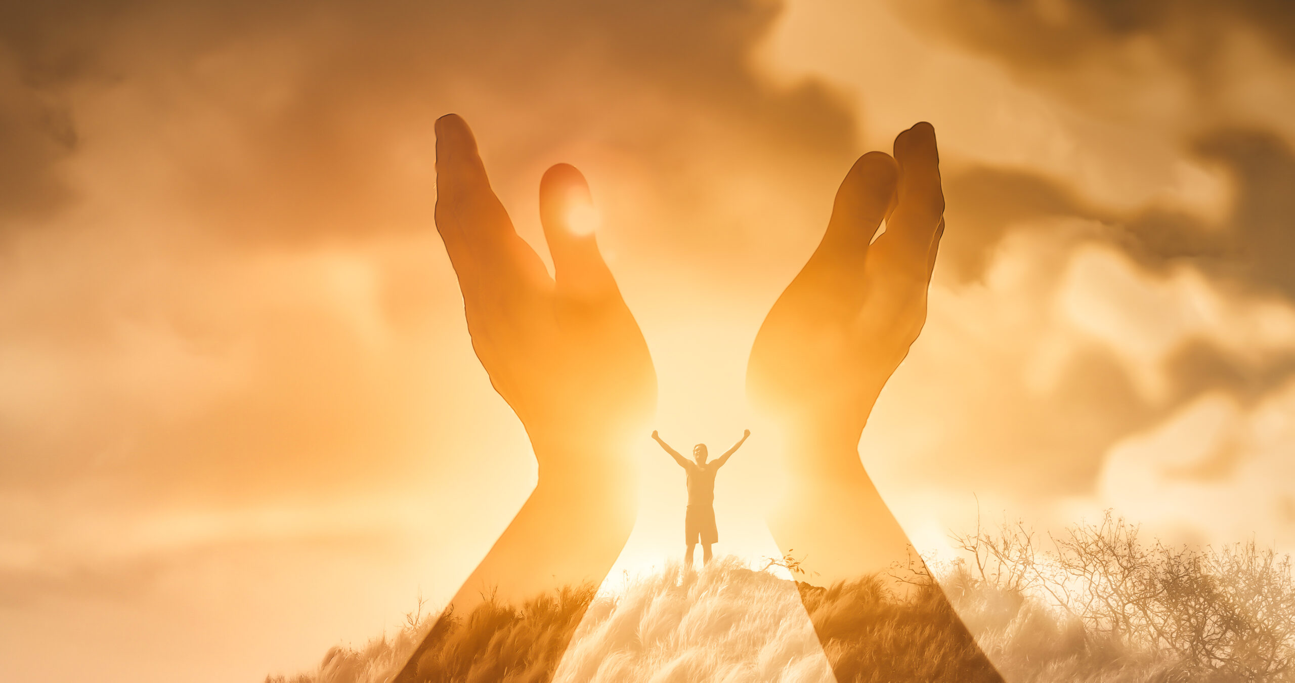 Mans,Worshiping,Hands,Raised,Up,With,Open,Palms,To,The